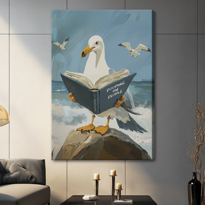 Seagull reading Pooping on People frameless gallery wrap stretched canvas on gray tile wall above console table with candles