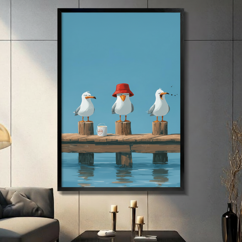 Funny seagull wall art in black frame hung on dark grey wall above candle holders, three seagulls on wooden pier with red bucket hat