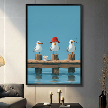 Funny seagull wall art in black frame hung on dark grey wall above candle holders, three seagulls on wooden pier with red bucket hat