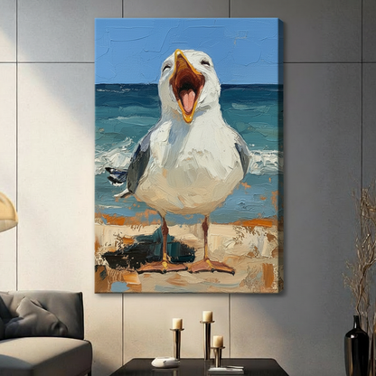 Witty thick impasto oil painting of a chubby white seagull with yellow beak wide open yelling on a sandy shoreline with crashing teal ocean waves and clear blue sky bold textured palette knife brushwork funny beach bird stretched canvas wall art print hanging in a contemporary living room with dark gray tiled wall