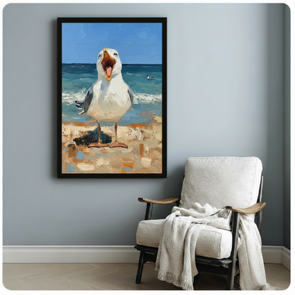Expressive impasto oil painting of a loud white seagull facing forward with mouth wide open standing on a sunlit sandy beach with rolling teal waves and bright blue sky humorous coastal wildlife art with heavy textured brushstrokes framed art poster displayed beside a white fabric lounge chair with draped throw blanket against a soft blue-gray wall