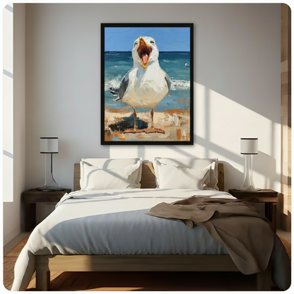 Playful impasto oil painting of a dramatic white seagull with wide-open beak screaming on a sandy shoreline with crashing teal blue ocean waves and sunny sky behind it thick expressive brushwork humorous coastal bird art framed wall art print hanging above a modern bedroom bed with white linen bedding, dark wood nightstands, and minimalist white table lamps