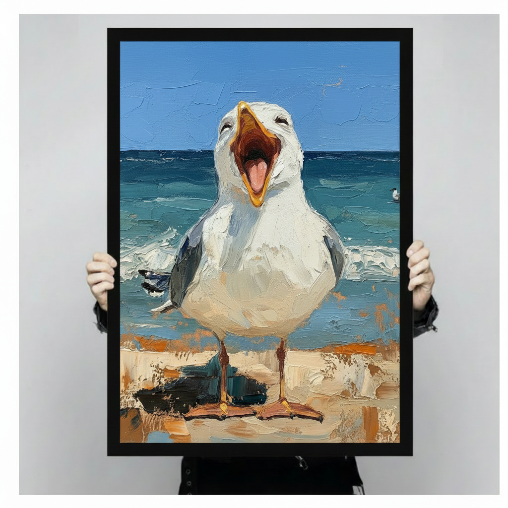 Comical close-up impasto oil painting of a screaming white seagull with open yellow beak and squinting eyes standing on a sandy beach with thick textured teal ocean waves and blue sky bold palette knife technique funny bird beach wall decor framed wall art print held up for size reference against a light gray neutral background