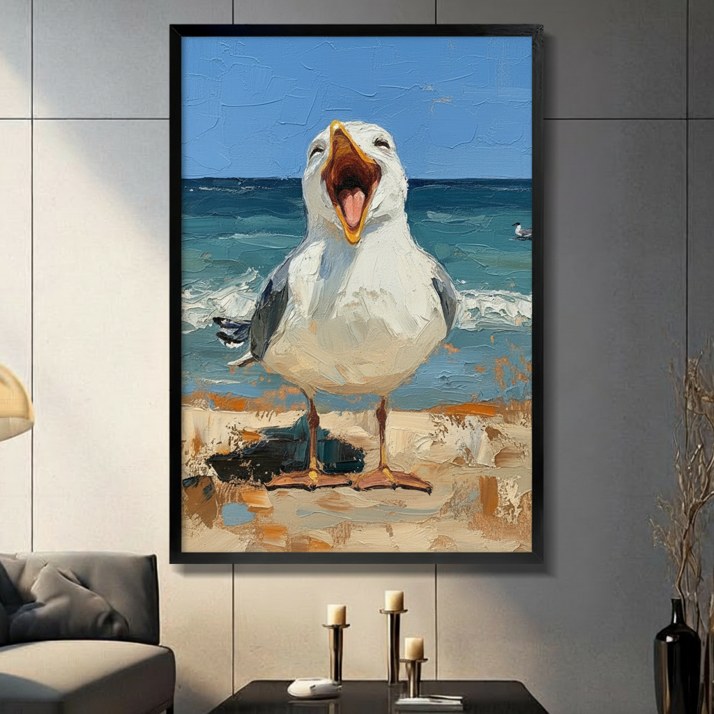 Humorous impasto oil painting of a bold white seagull standing on sandy beach with beak wide open screaming at the viewer with thick expressive brushstrokes teal ocean waves and bright blue sky in the background funny coastal bird framed wall art print displayed in a living room with dark gray sofa, pillar candle holders, and black decorative vase