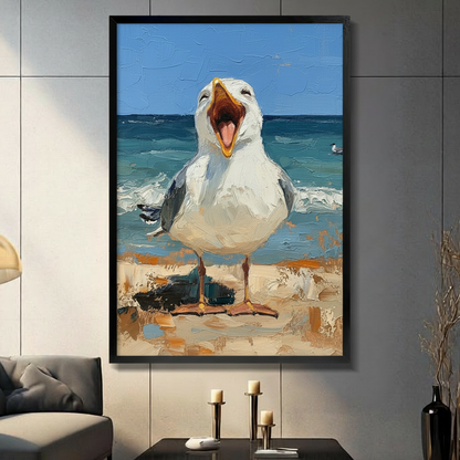 Humorous impasto oil painting of a bold white seagull standing on sandy beach with beak wide open screaming at the viewer with thick expressive brushstrokes teal ocean waves and bright blue sky in the background funny coastal bird framed wall art print displayed in a living room with dark gray sofa, pillar candle holders, and black decorative vase
