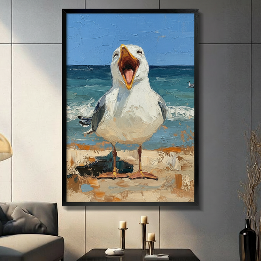 Humorous impasto oil painting of a bold white seagull standing on sandy beach with beak wide open screaming at the viewer with thick expressive brushstrokes teal ocean waves and bright blue sky in the background funny coastal bird framed wall art print displayed in a living room with dark gray sofa, pillar candle holders, and black decorative vase