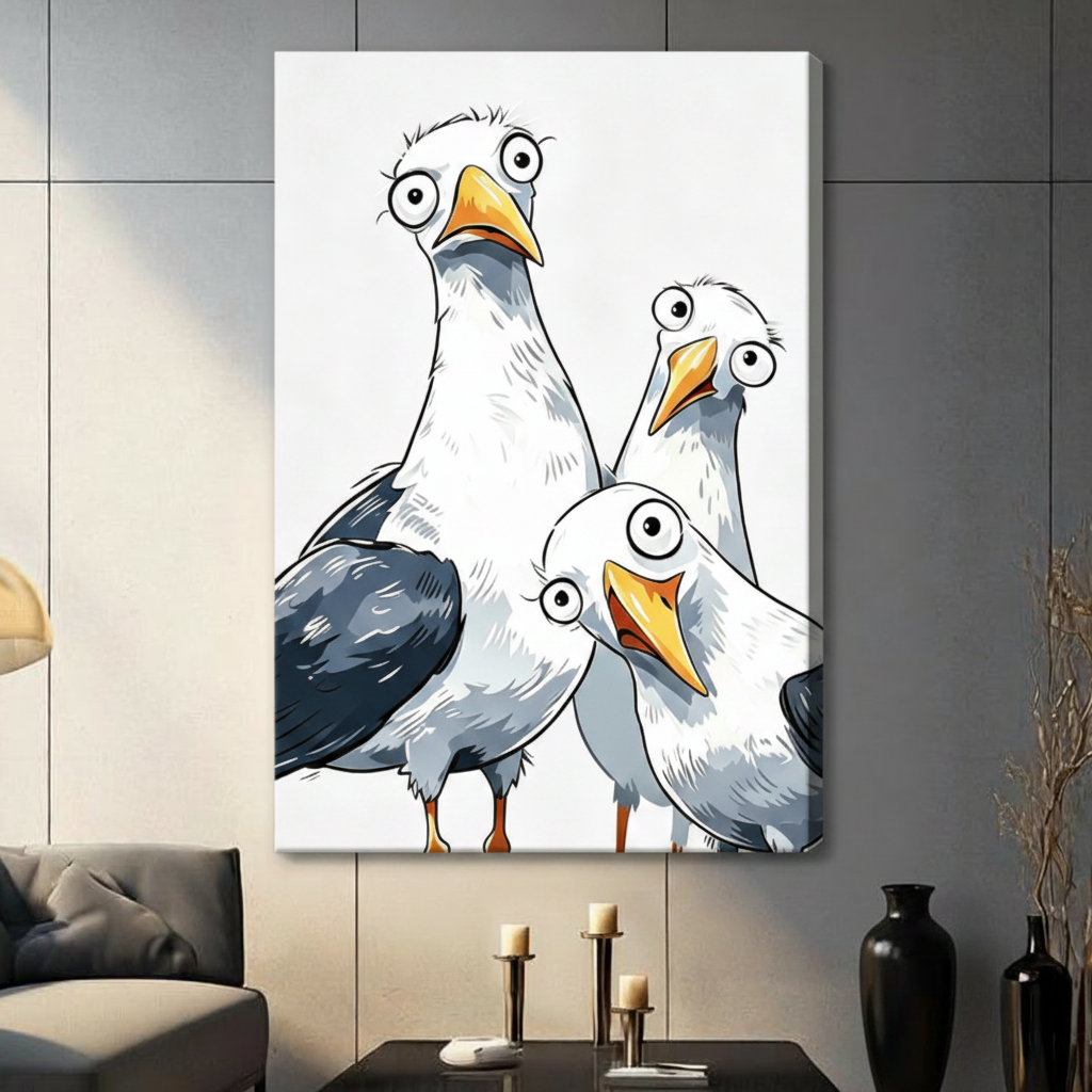 Stretched canvas gallery wrap of three cartoon seagulls with big eyes, humorous bird wall art in modern living room above console table