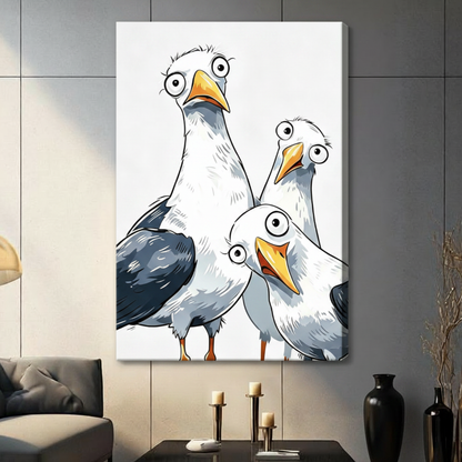 Stretched canvas gallery wrap of three cartoon seagulls with big eyes, humorous bird wall art in modern living room above console table