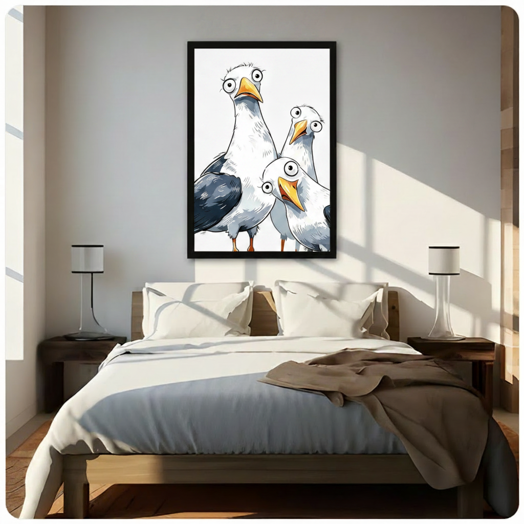Humorous cartoon seagull trio framed art print above bed in sunlit modern bedroom, whimsical bird illustration wall decor with natural light