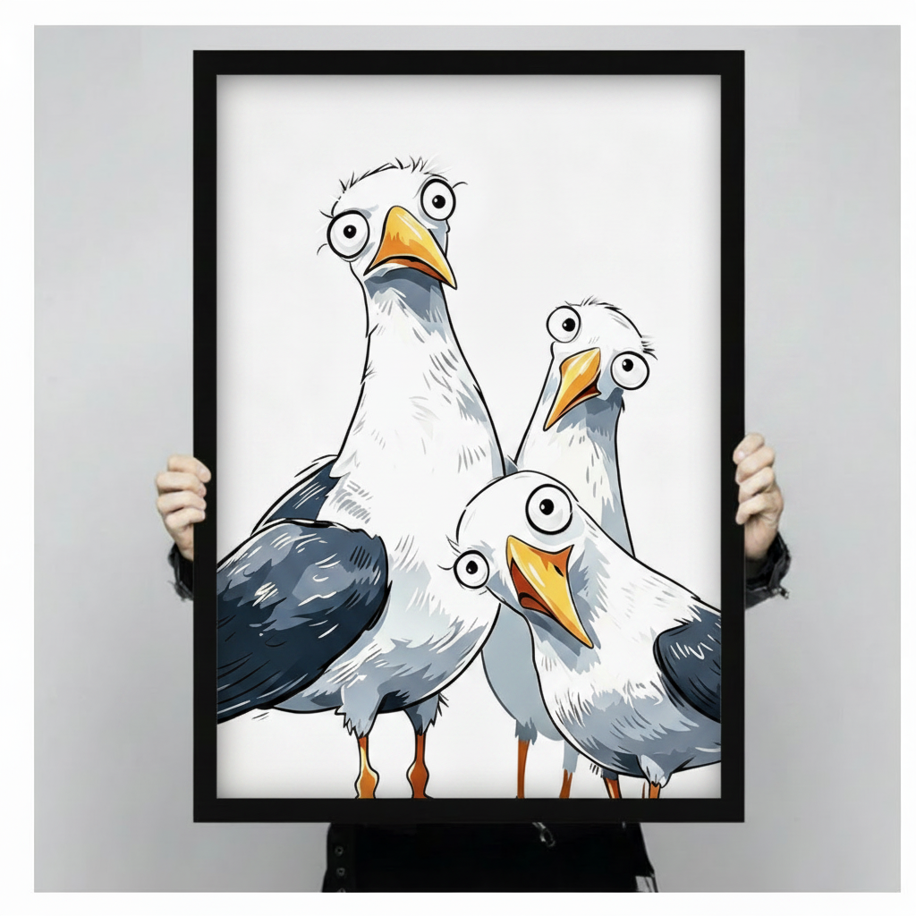 Framed funny seagull cartoon print held up showing size, three wide-eyed seagulls comic illustration wall art on white background