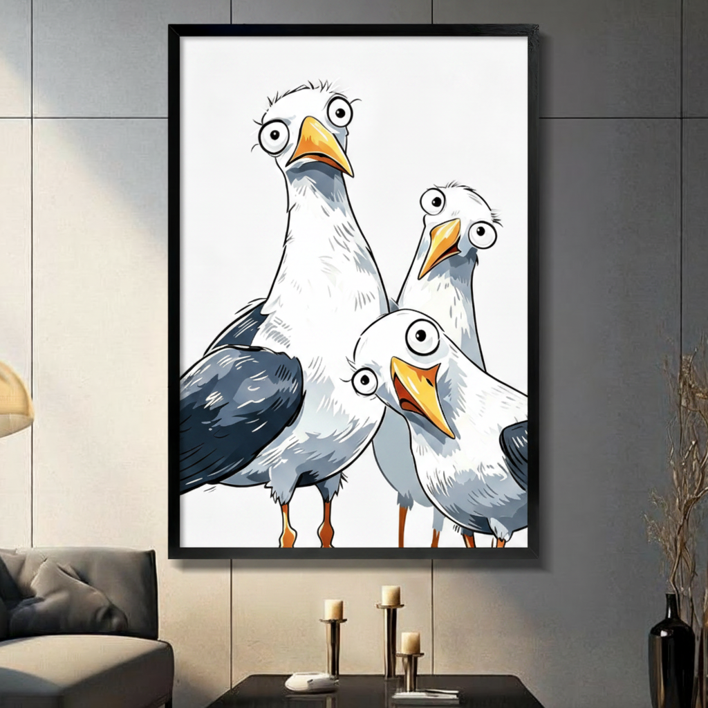 Funny cartoon seagull trio framed wall art print in black frame, whimsical bird illustration above sofa in modern living room decor