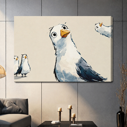 Whimsical seagull watercolor canvas wrap print featuring expressive cartoon birds — humorous animal wall art for modern home
