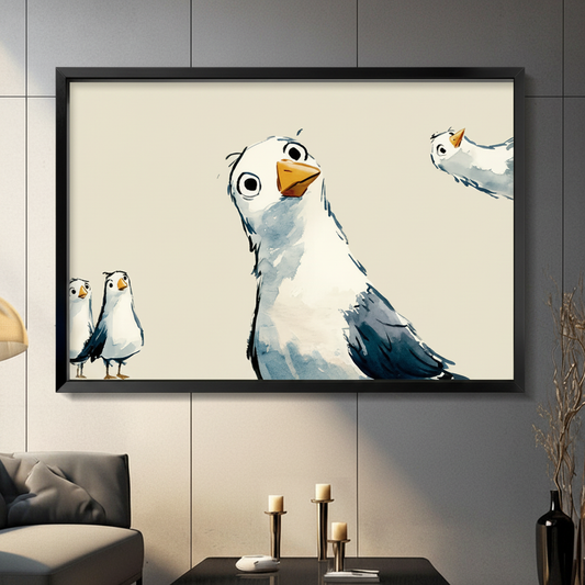 Framed watercolor wall art of curious seagulls with wide eyes on beige background — funny bird print for living room decor