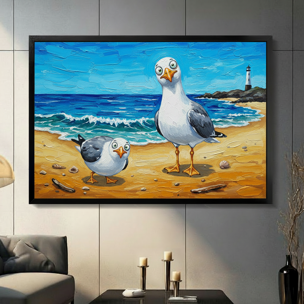 Funny seagulls beach oil painting in black frame hanging on dark gray wall above sofa in modern living room