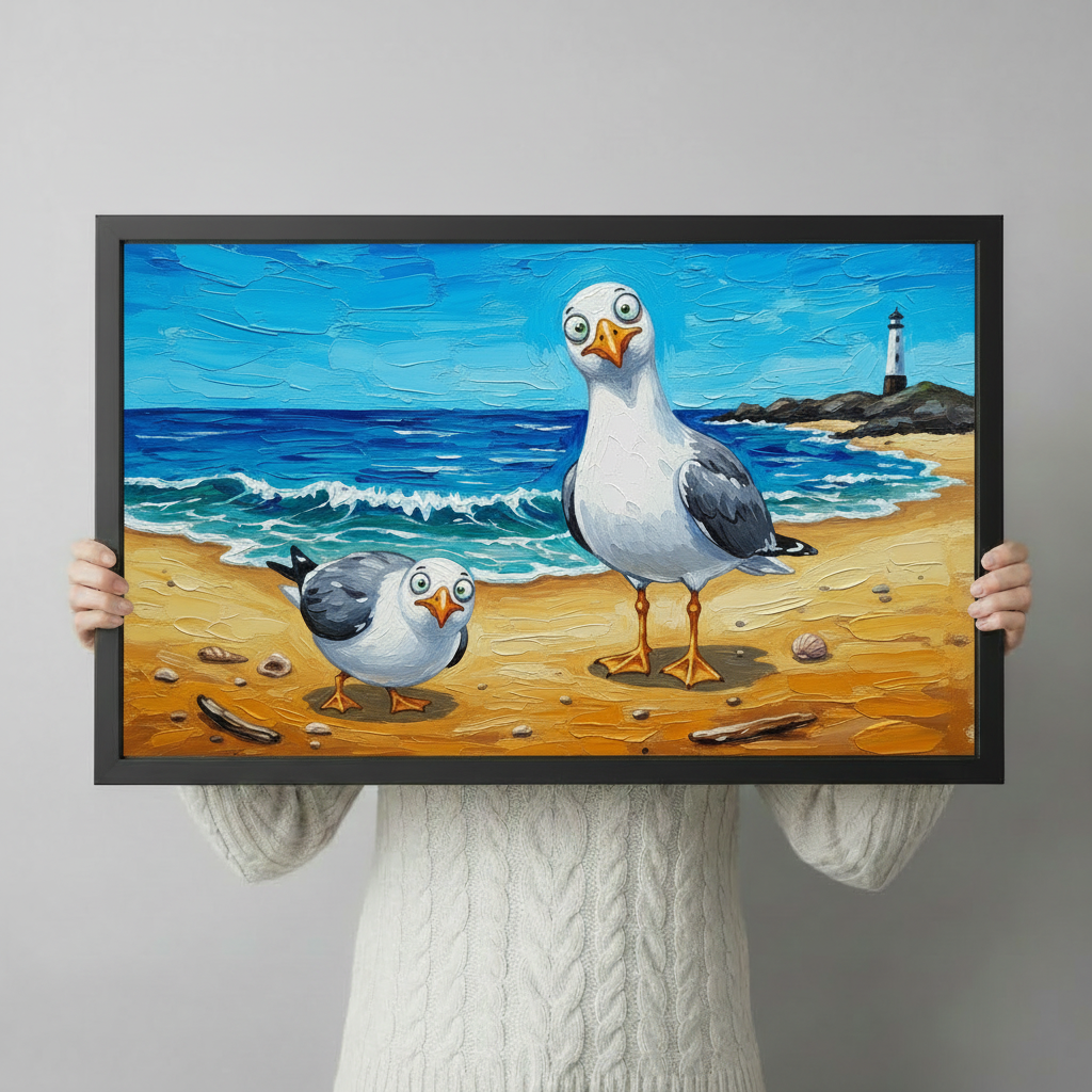 Person in white knit sweater holding funny seagulls coastal canvas print in black frame against gray background