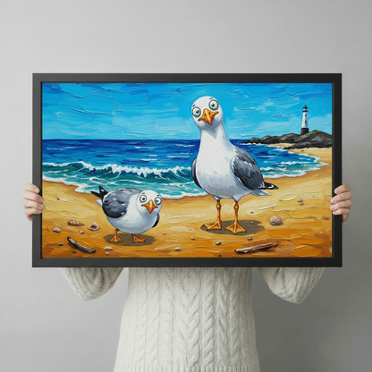 Person in white knit sweater holding funny seagulls coastal canvas print in black frame against gray background
