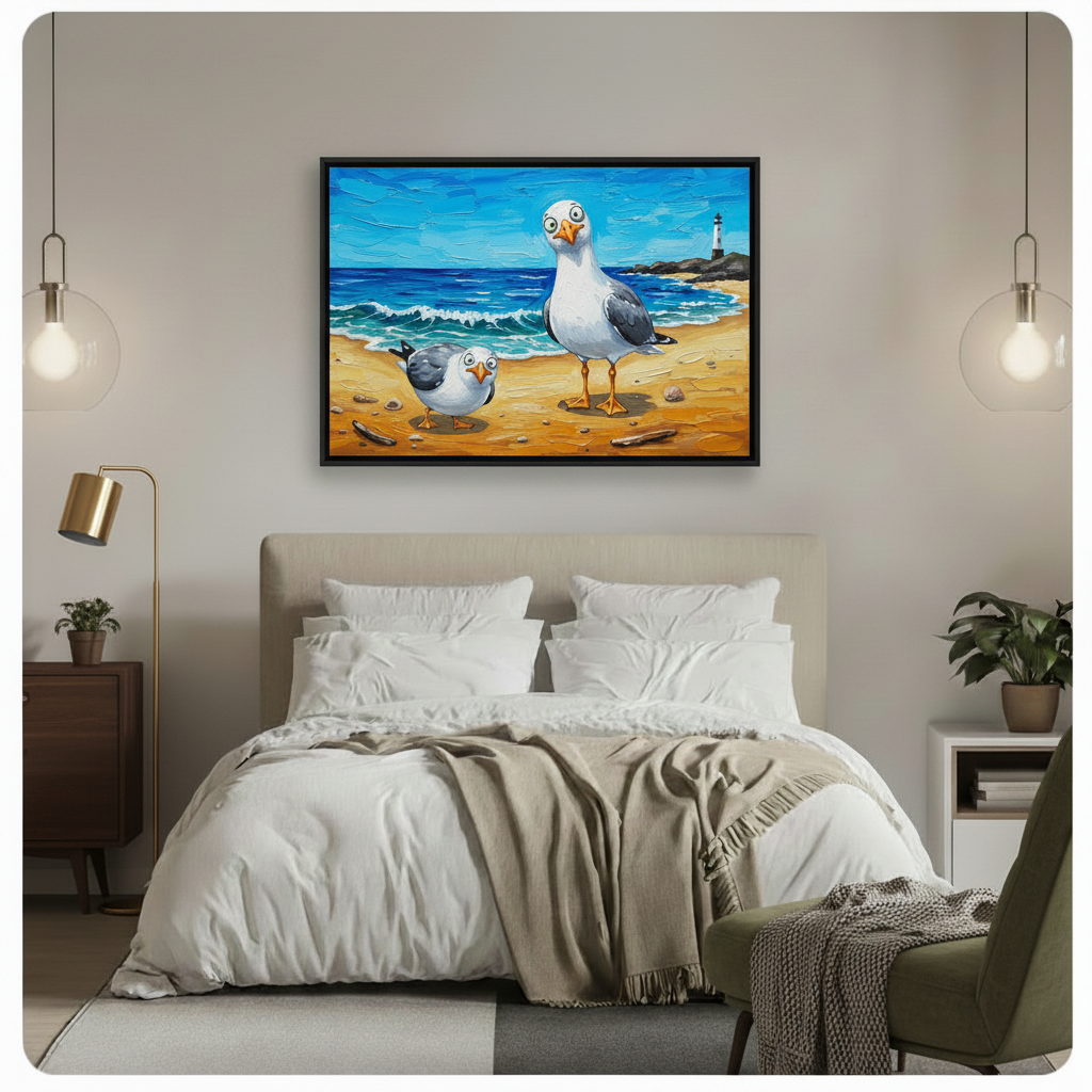 Funny seagulls beach oil painting canvas wall art above bed in minimal white bedroom with pendant lights