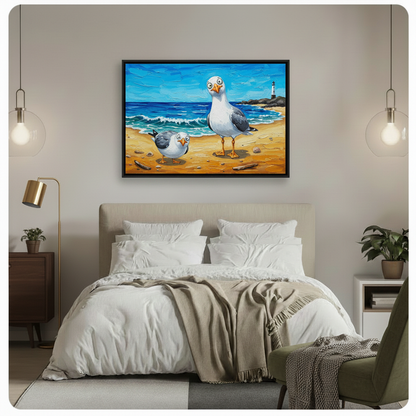 Funny seagulls beach oil painting canvas wall art above bed in minimal white bedroom with pendant lights