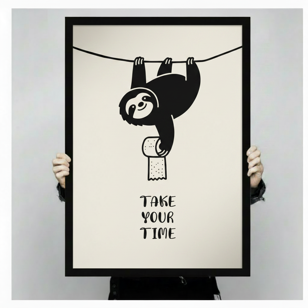 Funny sloth hanging upside down with toilet paper roll and Take Your Time quote, black framed bathroom humor poster shown in hand mockup displaying print size