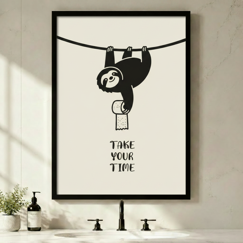 Funny sloth hanging on rope holding toilet paper with Take Your Time quote, black framed wall art print above bathroom sink with minimalist decor