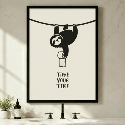 Funny sloth hanging on rope holding toilet paper with Take Your Time quote, black framed wall art print above bathroom sink with minimalist decor