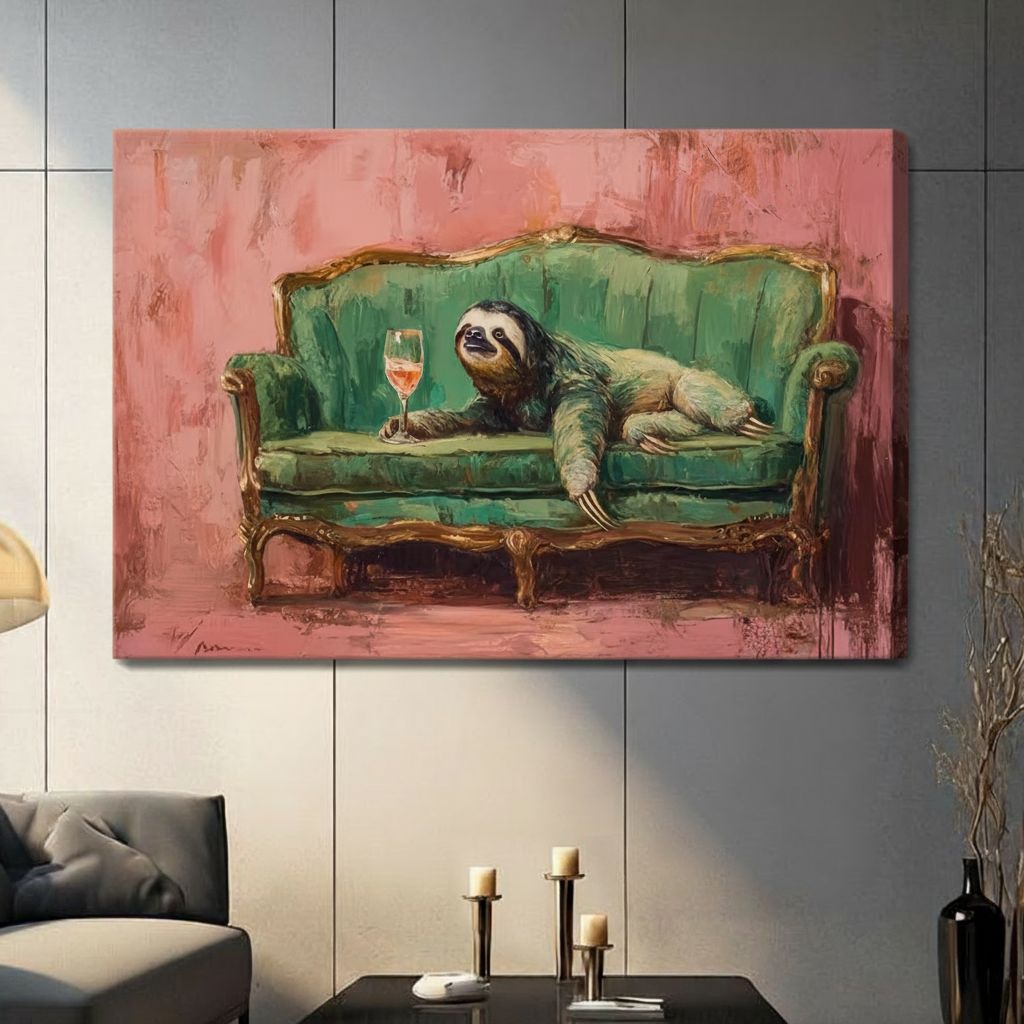 Lazy sloth relaxing on a green velvet vintage couch with a glass of rosé wine, gallery wrap canvas wall art with no frame, pink background oil painting hung in a modern gray living room with candlestick decor