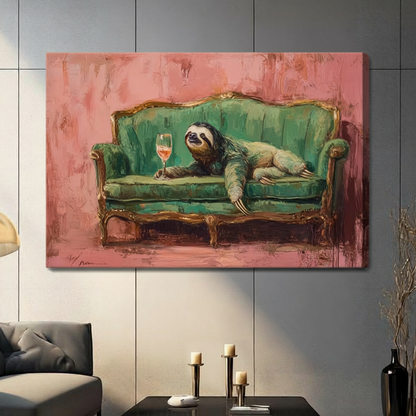 Lazy sloth relaxing on a green velvet vintage couch with a glass of rosé wine, gallery wrap canvas wall art with no frame, pink background oil painting hung in a modern gray living room with candlestick decor