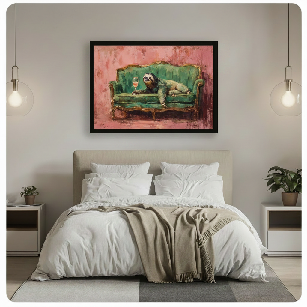 Funny sloth lying on vintage green sofa with rosé wine framed wall art above a bed with white linen bedding, white nightstands, potted plants, and globe pendant lights, humorous animal oil painting bedroom decor