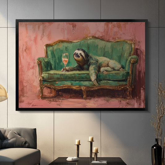 Funny sloth lying on an ornate green vintage sofa holding a wine glass, humorous animal oil painting in black frame, displayed in a modern gray living room with candlestick holders on a dark console table