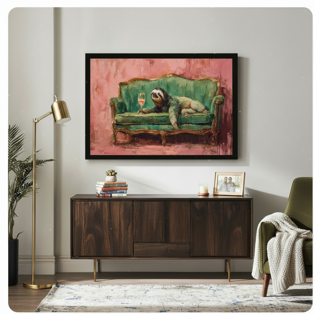 Lazy sloth on vintage green velvet sofa holding wine glass in black frame above a dark walnut sideboard with stacked books and a candle, gold floor lamp and green armchair with a cream throw blanket in a modern living room