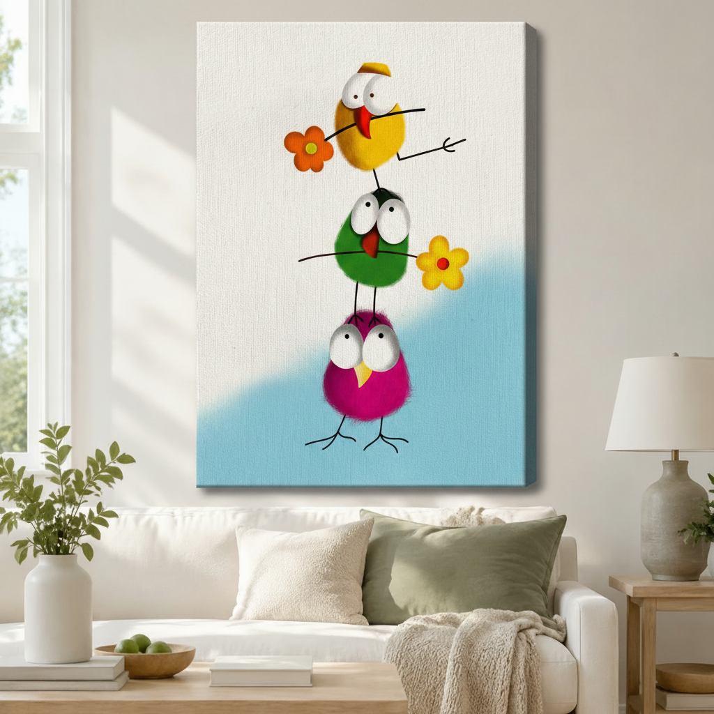 Stretched canvas funny stacked birds with flowers wall art featuring three fluffy round cartoon birds in yellow green and magenta stacked vertically each holding a colorful daisy on a soft white and light blue background, hung above a white sofa with sage green pillows in a bright living room