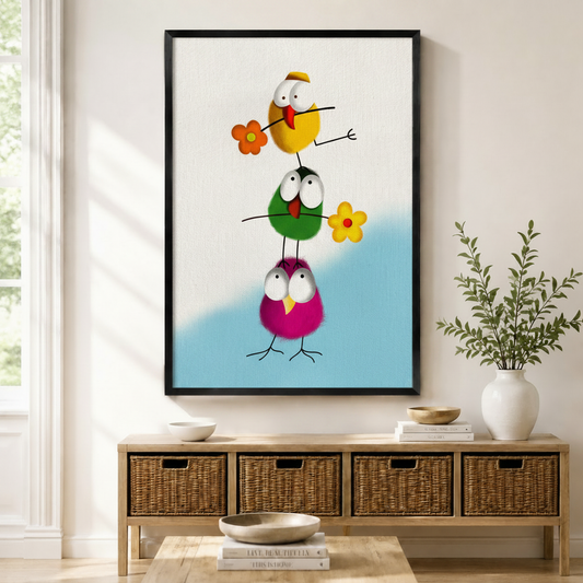 Black framed funny stacked birds with flowers canvas art with three round cartoon birds — yellow, green, and magenta — balanced on top of each other holding orange and yellow daisy flowers on a white and sky blue background, displayed above a rattan storage console in a bright entryway