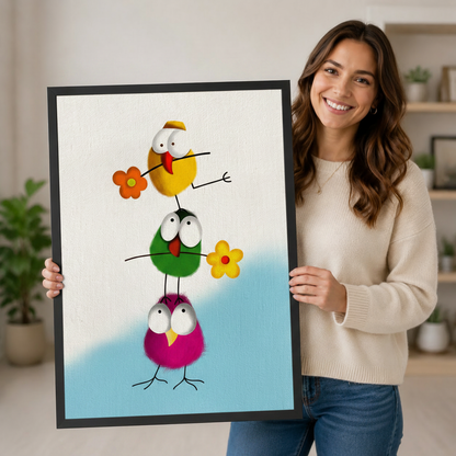 Smiling woman holding a large black framed funny stacked birds with flowers canvas art print with three googly-eyed round cartoon birds in yellow green and magenta balanced on each other holding colorful daisy flowers on a white and light blue background