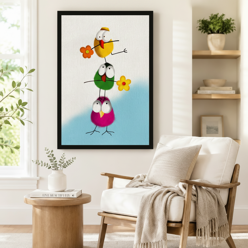 Black framed funny stacked birds with flowers canvas art showing three wide-eyed round cartoon birds — yellow on top, green in the middle, magenta at the bottom — stacked and balancing while holding orange and yellow daisies on a white and sky blue background, displayed beside a white linen armchair in a cozy reading nook