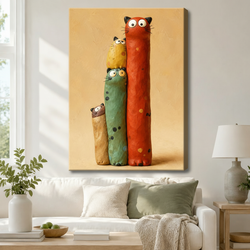 Gallery wrap canvas art featuring three quirky elongated cats in bold red, teal, and yellow tones huddled together with wide expressive eyes, hung above a white sofa in a warm modern living room