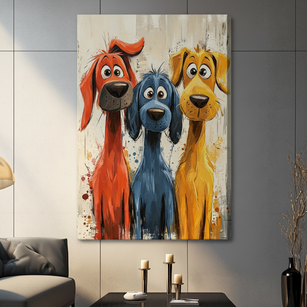 Whimsical oil painting of three goofy dogs in bold orange blue and golden yellow with paint splatter accents on a cream background funny dog wall art stretched canvas in a living room with dark gray slate wall sofa candle holders and black vase