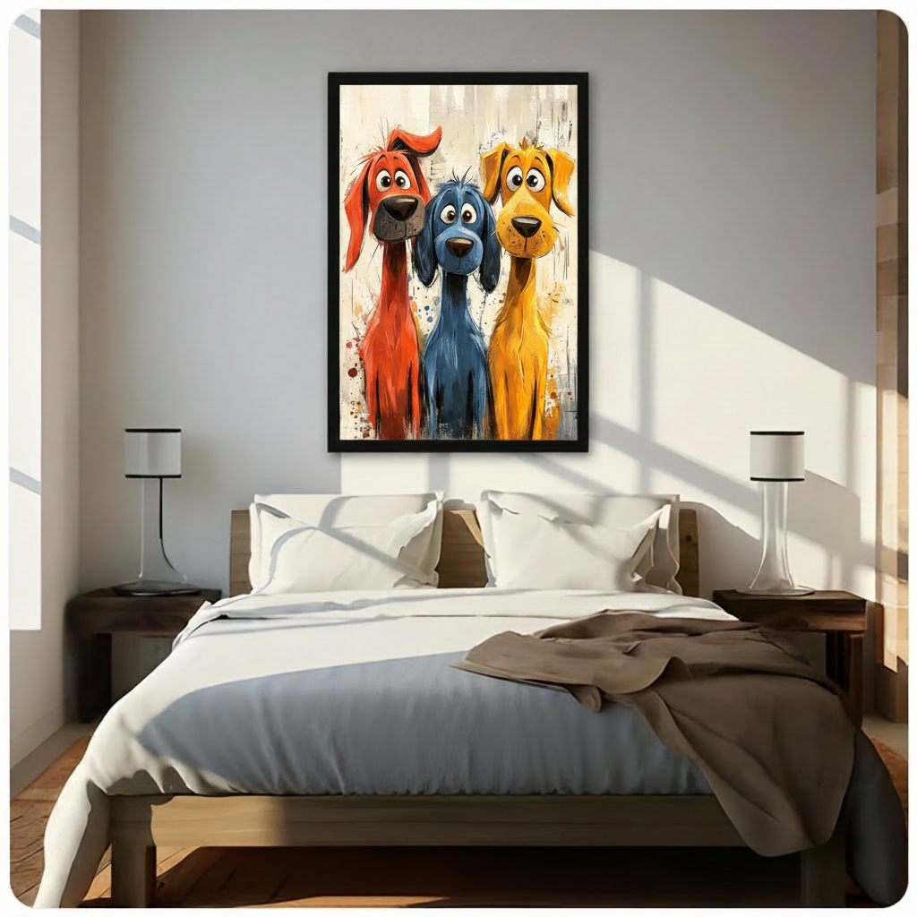 Colorful cartoon portrait of three goofy dogs in orange blue and yellow standing close together with big round eyes on a distressed white background humorous dog wall art framed print above a bedroom with white linen bedding dark wood bed frame and white table lamps
