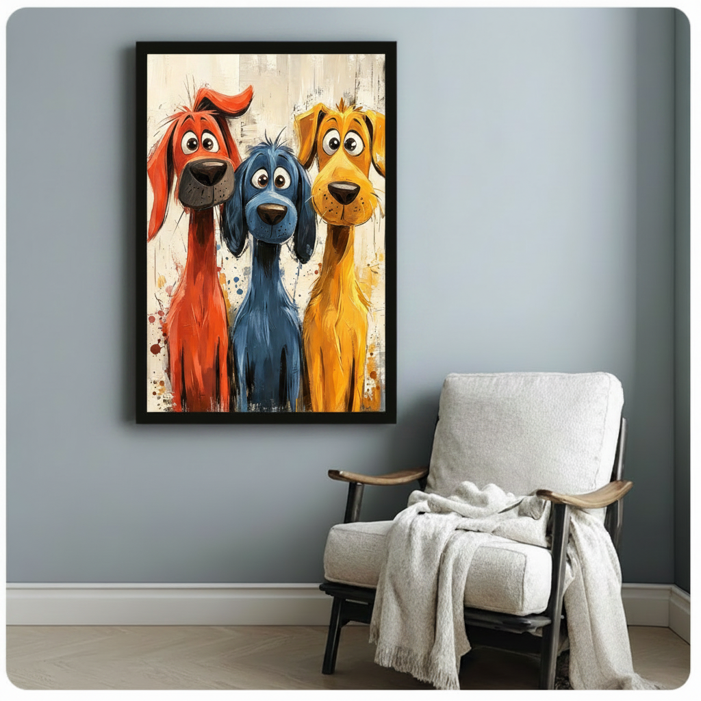 Three expressive cartoon dogs a lanky red one a small steel blue one and a golden yellow one posing together on a textured white background colorful dog wall art framed print beside a white linen armchair with a throw blanket on a blue gray wall