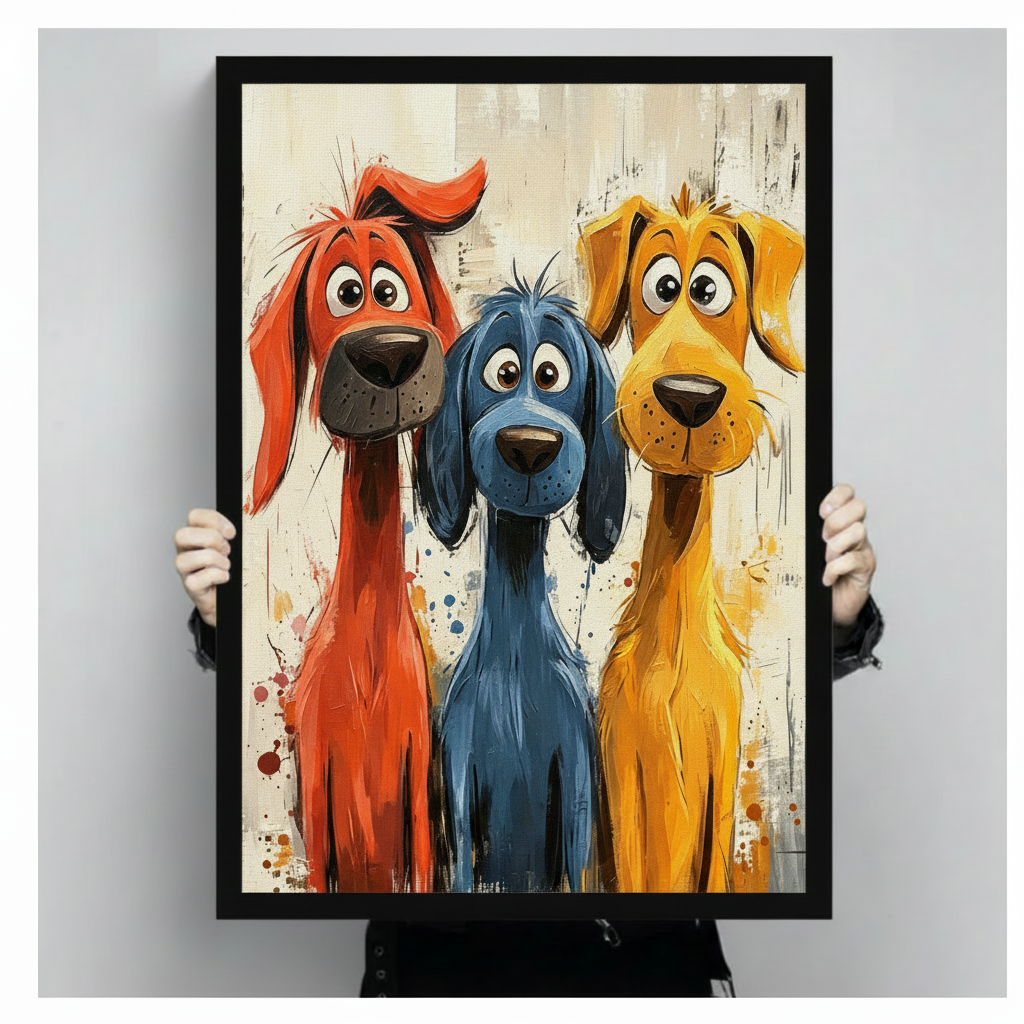 Bold illustration of three quirky dogs in vivid red blue and yellow with oversized snouts and wide eyes on a paint-splattered cream background funny dog trio wall art framed print held against a light gray backgroun