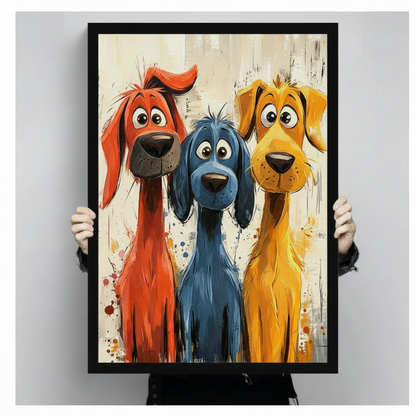 Bold illustration of three quirky dogs in vivid red blue and yellow with oversized snouts and wide eyes on a paint-splattered cream background funny dog trio wall art framed print held against a light gray backgroun