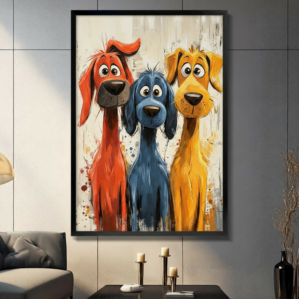 Three cartoon dogs in red blue and yellow standing side by side with big expressive eyes on a distressed white background funny colorful dog wall art framed print in a living room with dark gray slate wall sofa candle holders and black vas