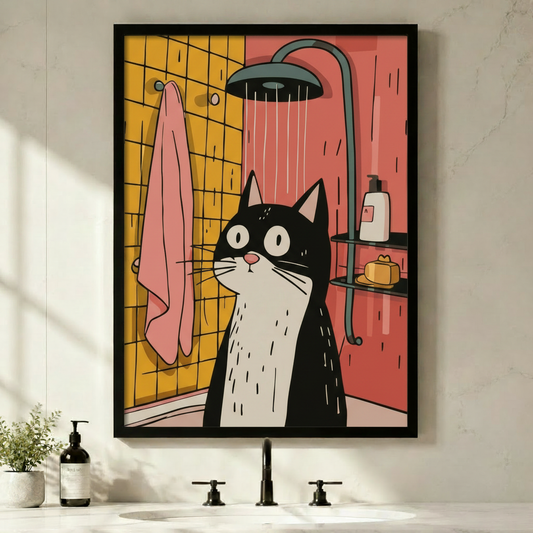 Funny tuxedo cat in shower framed canvas wall art displayed above black faucet bathroom sink with pop art yellow and pink tile background