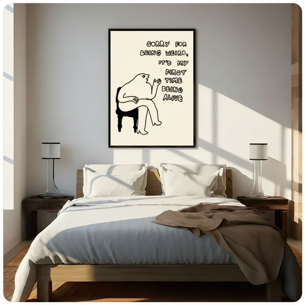 Black framed minimalist funny quote line art print above bed in bright bedroom with natural light bedroom wall decor
