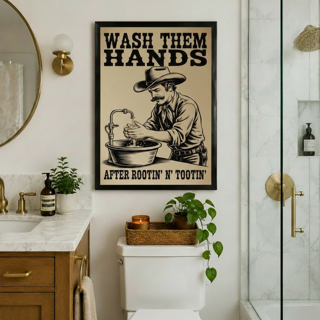 Framed funny cowboy "Wash Them Hands" canvas art hung above a toilet in a marble and gold luxury bathroom, blending rustic western humor with an upscale interior