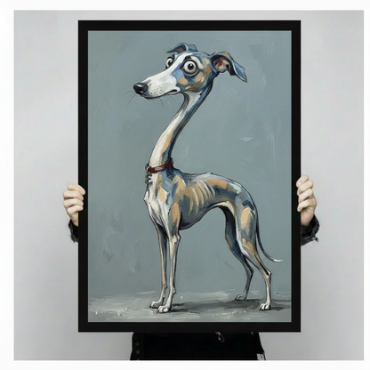 Hand-held black framed poster featuring a tall funny whippet dog with oversized eyes and red collar — unique pet art print

