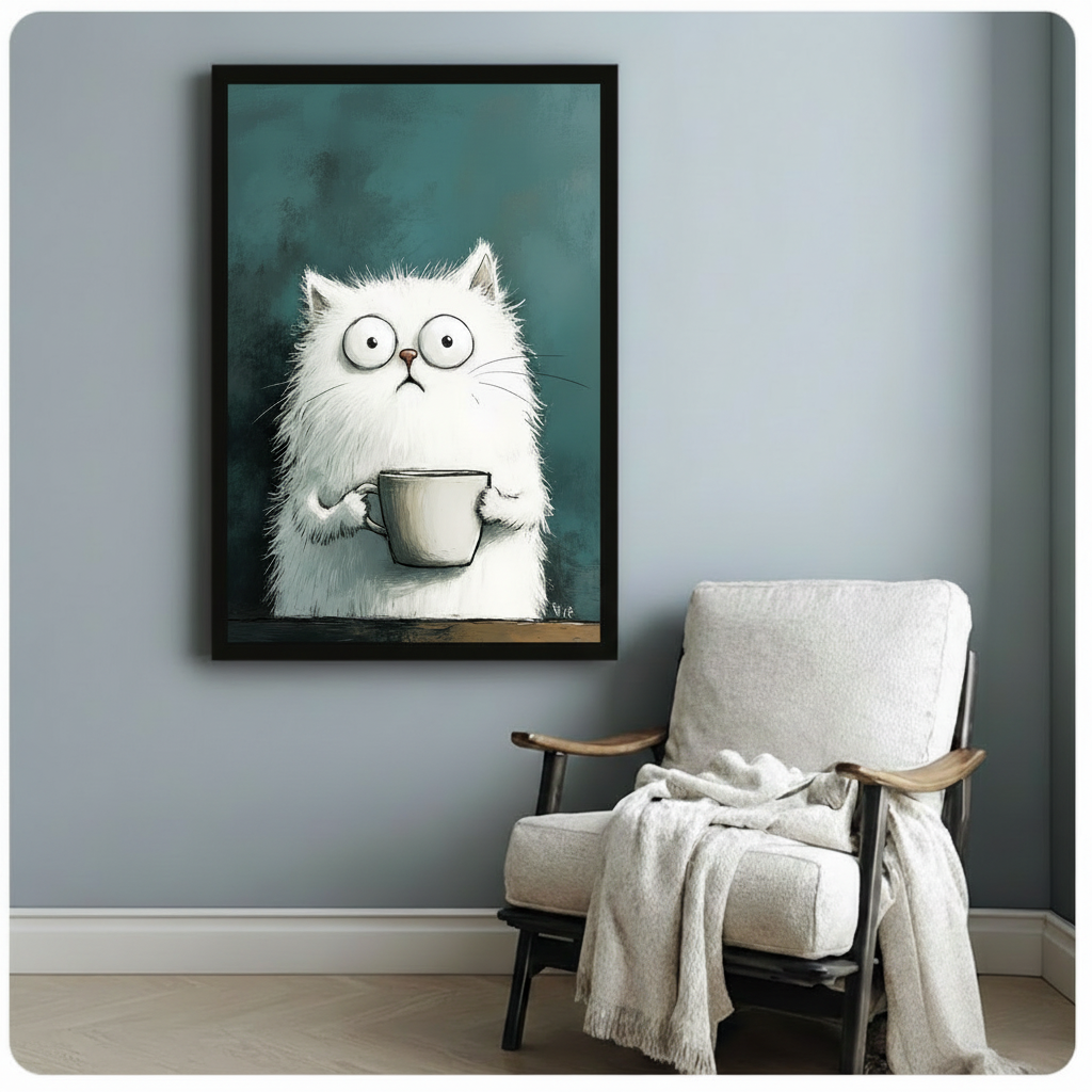 Black framed funny fluffy white cat with big eyes holding a coffee cup art print on a light blue-grey wall beside a white linen armchair with throw blanket