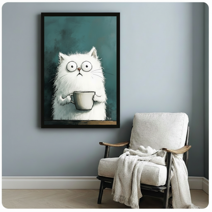 Black framed funny fluffy white cat with big eyes holding a coffee cup art print on a light blue-grey wall beside a white linen armchair with throw blanket