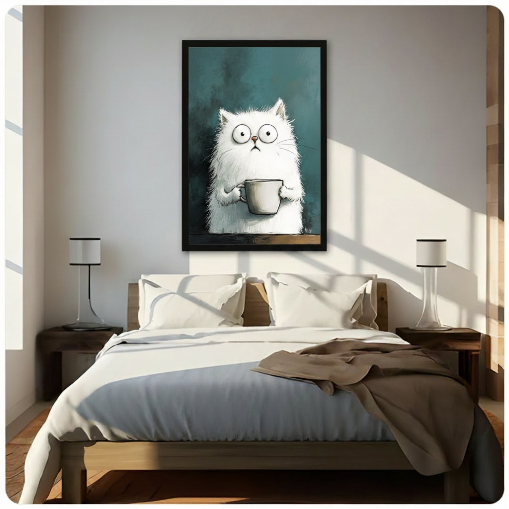 Framed wide-eyed fluffy white cat holding a coffee cup wall art hung above a wooden bed with white bedding in a bright sunlit minimalist bedroom
