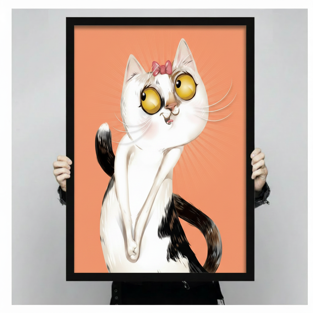 Hand-held product shot of a black-framed art print showing a wide-eyed white and black cat with a pink bow on a coral orange background