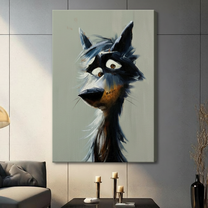 Whimsical wolf character with dramatic side-eye expression on sage green background, stretched canvas print displayed on grey tile wall in contemporary living room